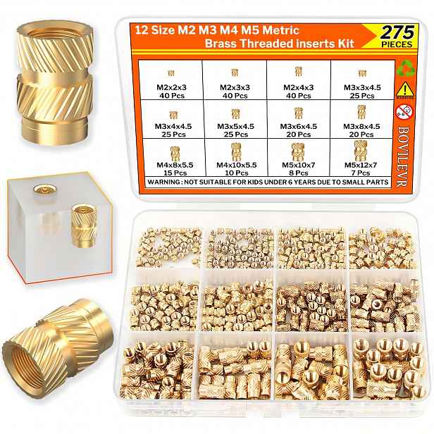 TEMU 275/550 ks Mosazné zrnité matice pro 3D tisk | Sada závitových vložek M2 M3 M4 plast, PLA, ABS, PETG, PP, PPS materiály - Plně závitové, pravá