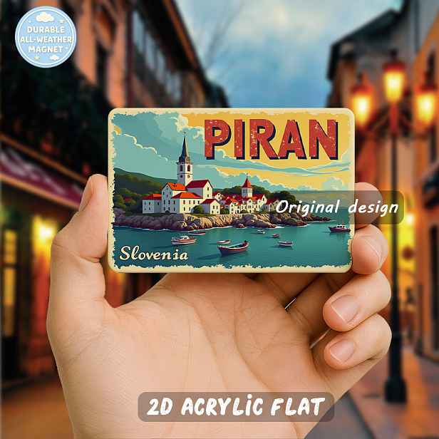 TEMU 1 ks dvourozměrného plochého plakátu s úžasnou scénou z Piranu, Slovinsko, zobrazující vintage pobřežní výhled se západem slunce, loděmi a