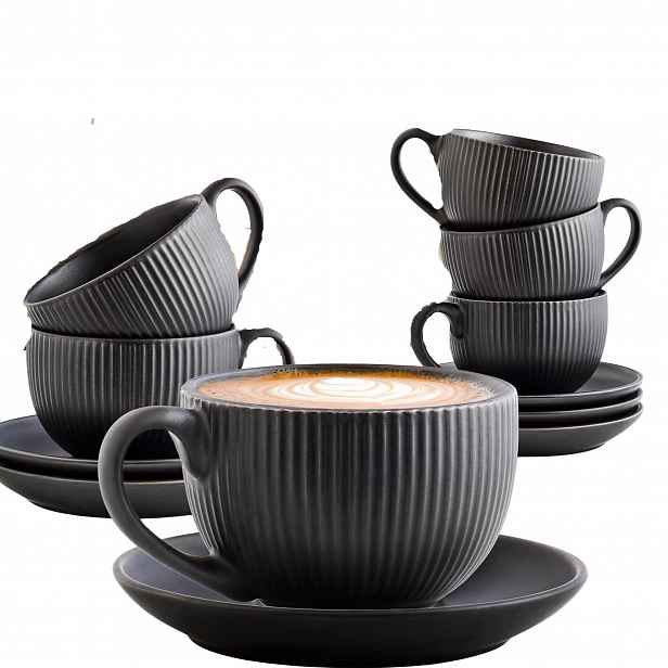 Šálky Na Cappuccino 200 ML S Keramickými Podšálky, 6 Ks, Černé
