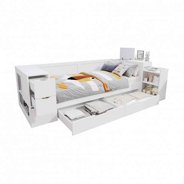 Modfu DĚTSKÁ postel z MDF 90x200 cm bílá s úložným prostorem, zásuvkou a nočním stolkem, bez matrace