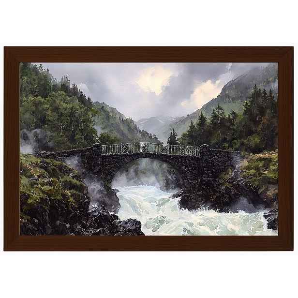 Plakát Rámeček Dřevo Krajina Příroda Hory Řeka Vodopád Most Pohled 60x40