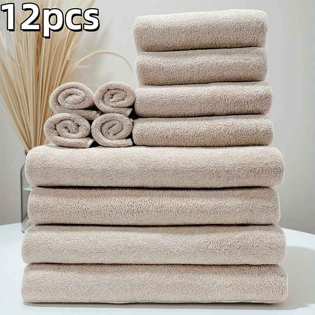 TEMU Sada 12 ks ručníků: 4 osušky, 4 ručníky na ruce, 4 osušky do koupele, korálový fleece, hvězdná obloha, savé, měkké, rychleschnoucí