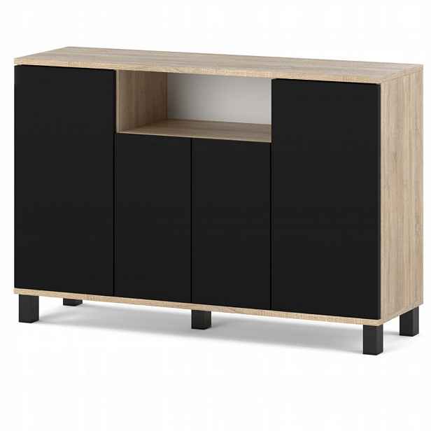 Komoda Dub Sonoma Černá 120 CM 4 Dvířka Moderní Skříňka Do Obývacího Pokoje Ložnice