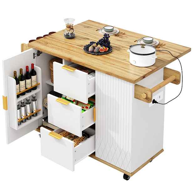 EVRYAE KUCHYŇSKÝ OSTRŮVEK s výsuvnou pracovní deskou, ergonomickou výškou 88 cm, Bílá, 88/pracovní plocha, MDF/kov