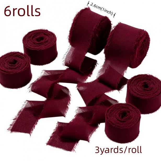 TEMU 6 rolí vínové ručně vyráběné střapcové šifonové stuhy 1" X 3Yd (6 rolí 18 yardů) pro svatební oznámení, svatební kytice, balení dárků, řemesla.
