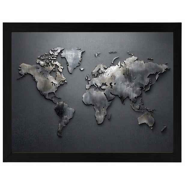Plakát Rámeček Dřevo Mapa Světa Kovová Šedá Industrial Loft 80x60