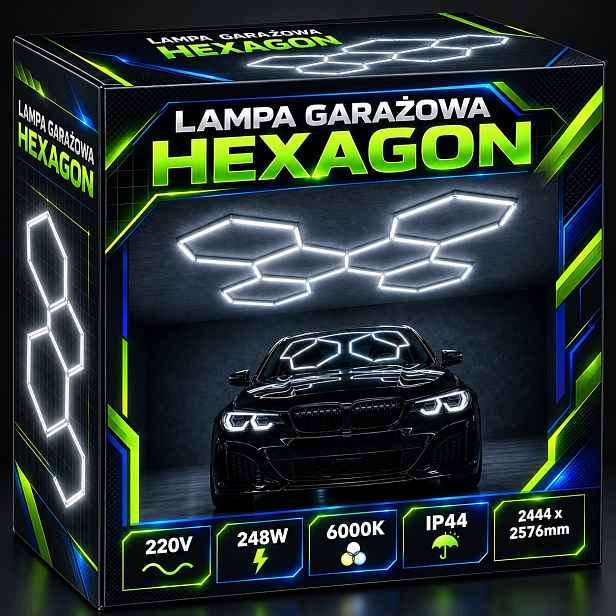 Led lampa Hexagon 248W 6500K Stropní garáž Dílna Detailing 244x258cm