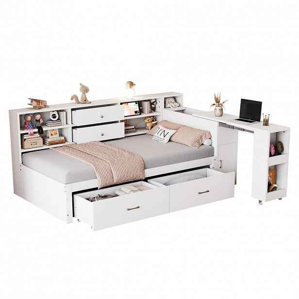 Modfu MULTIFUNKČNÍ postel z borovice, překližky a MDF 90x200 cm bílá s výsuvným psacím stolem, USB porty, zásuvkami a úložným prostorem