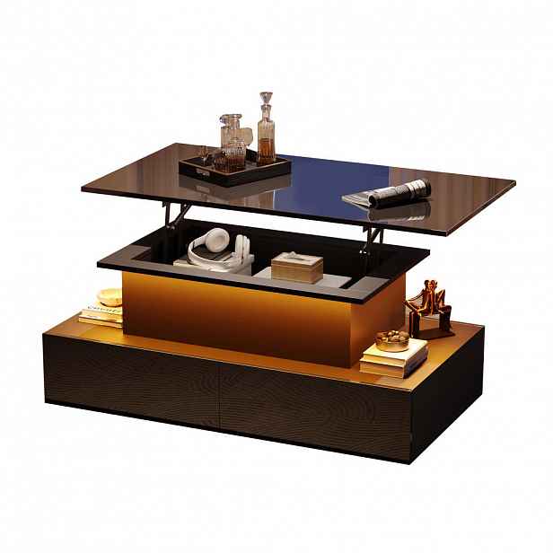 Modfu KONFERENČNÍ stolek z dřevotřísky 90x55x41 cm černý ve vysokém lesku s LED osvětlením, 4 zásuvkami a výsuvnou deskou