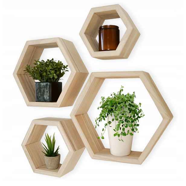 Závěsné Police 4KS Sada Včelích Plástů Police Boho Vintage Dikom Hexagon