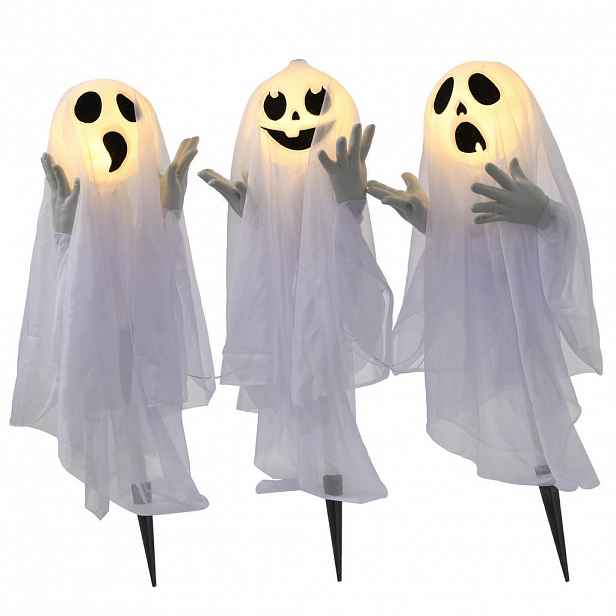 HOMCOM 3DÍLNÁ SADA halloweenské dekorace Halloweenské sloupky s duchy a LED světly