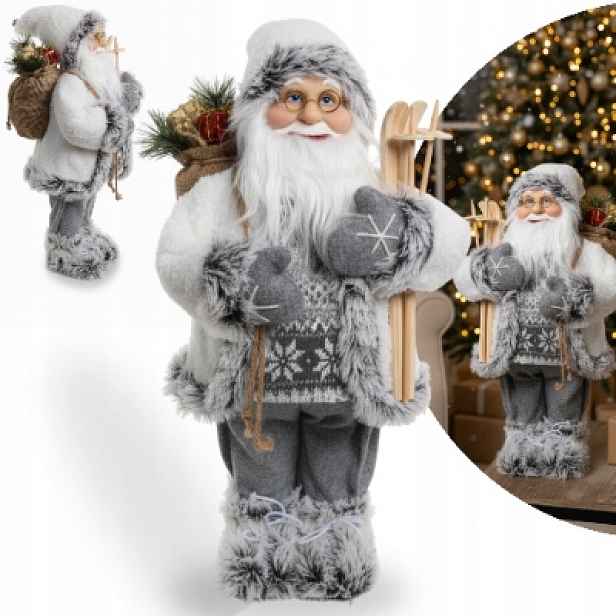 Figurka Mikuláše S Lyžemi Vánoční Dekorace Pod Vánoční Stromeček Šedá 47 cm