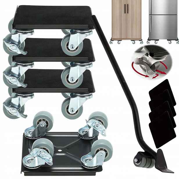 Set Rolky x4 Pro Přepravu Posouvání Nábytku Brzdy 800KG Dlouhá Rukojeť