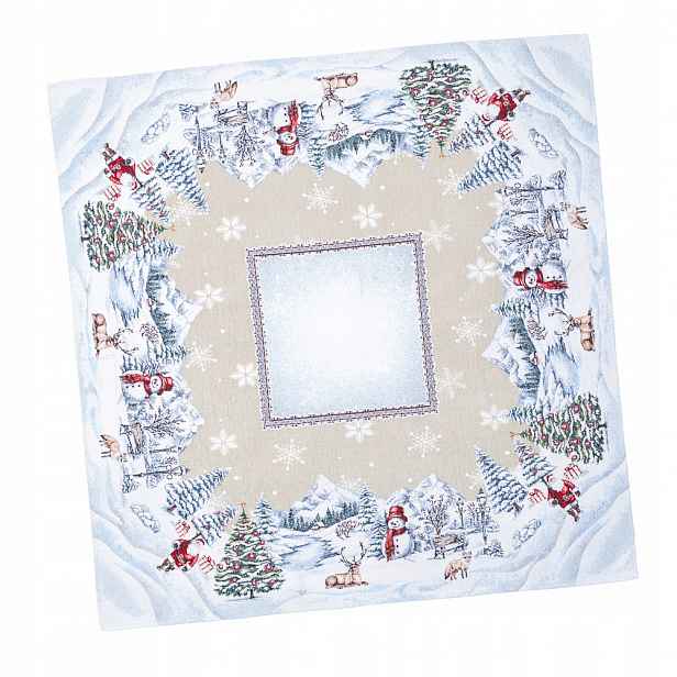 Gobelínový ubrus 100x100 cm – elegantní vánoční vzor, zimní sněhuláci, pohádkový