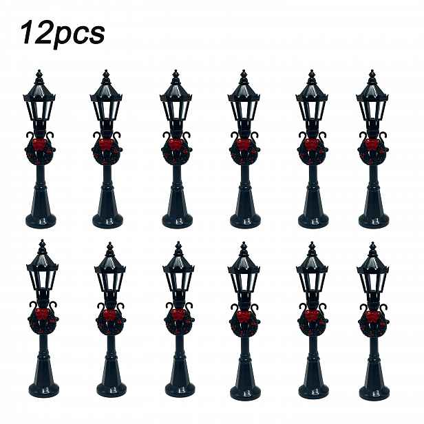 TEMU Nová sada 12 ks středních vintage černých svátečních pouličních lamp s věncem, dekorativní sezónní sběratelské figurky, bez osvětlení, sváteční