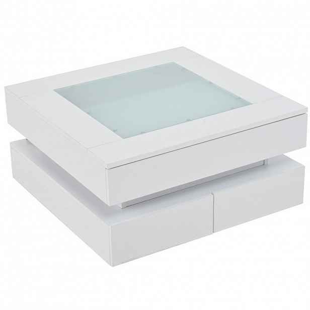 Modfu KONFERENČNÍ stolek z dřevotřísky a skla 70x70x35 cm bílý s LED osvětlením, 3 zásuvkami a lesklým povrchem