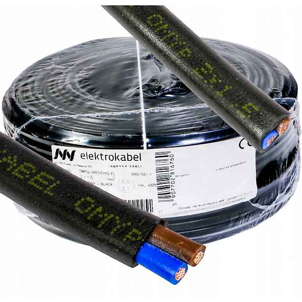 Plochý černý měděný kabel OMYp 2x1,5 mm 300 V Lanko Cu kotouč 50 m