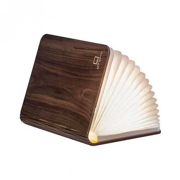 Tmavě hnědá velká LED stolní lampa ve tvaru knihy z ořechového dřeva Gingko Booklight