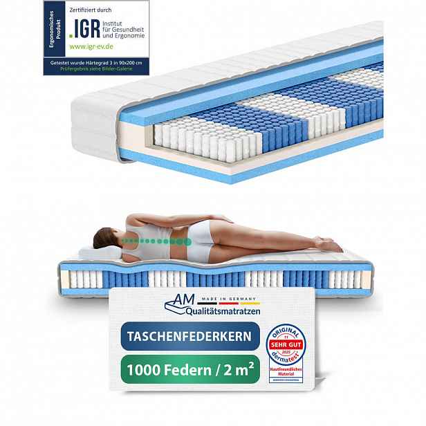AM Qualitätsmatratzen MATRACE s taštičkovými pružinami s 1000 pružinami, 110/200 cm, H3 - výška 24 cm a potahem Tencel