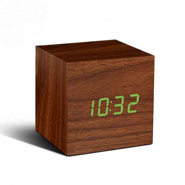 Hnědý budík se zeleným LED displejem Gingko Cube Click Clock
