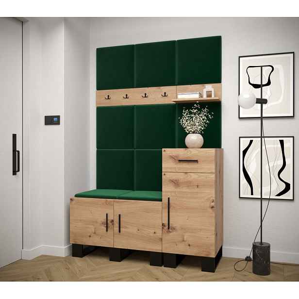 Předsíňová sestava RUMIE 5 - dub artisan, zelené panely