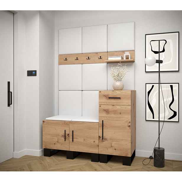Předsíňová sestava RUMIE 5 - dub artisan, bílé panely z ekokůže