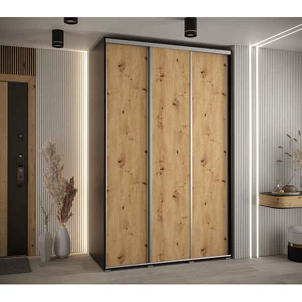 Šatní skříň YVONA 1 - 150/60 cm, černá / dub artisan / stříbrná