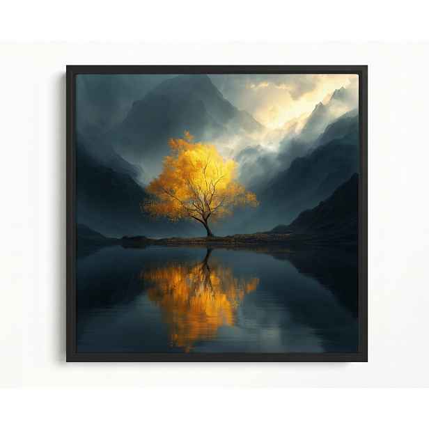 Obraz Rám Americký Box Zlaté Horské Dřevo Jezero Mlha Odraz 60x60