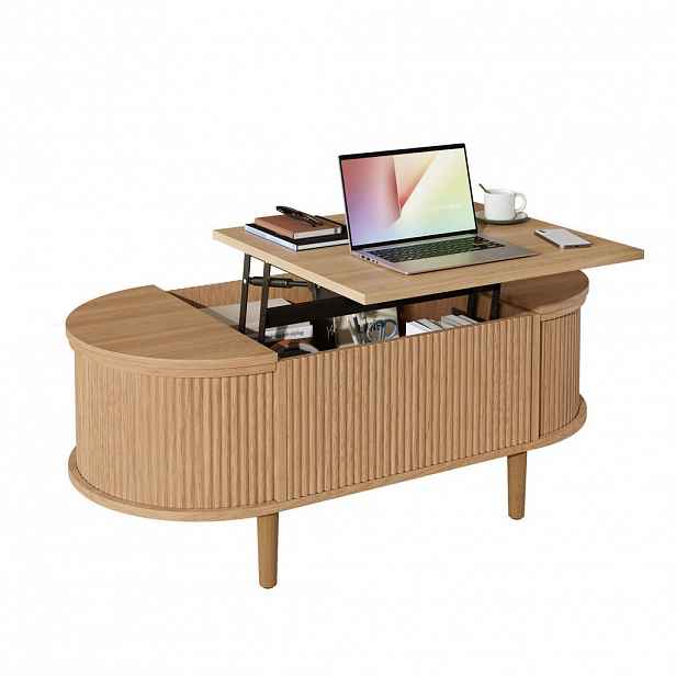 Modfu KONFERENČNÍ stolek z MDF 100x48x53,5 cm dubový s výklopnou deskou a úložným prostorem, oválný vintage design