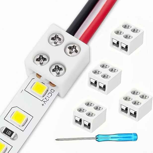 TEMU Sada 5 ks 2pinových 8mm šroubovacích konektorů pro LED pásky, z desky na drát, obsahuje jeden šroubovák, vhodné pro 5V, 12V, 24V, bez pájení,