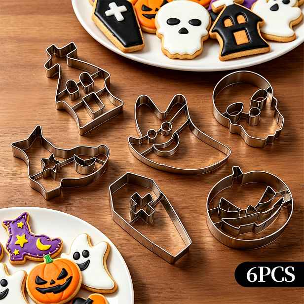TEMU Sada 6ks vykrajovátek na sušenky z nerezové oceli na Halloween, tvary dýně, lebky, strašidelného domu, rakve, čarodějnické boty, snadno