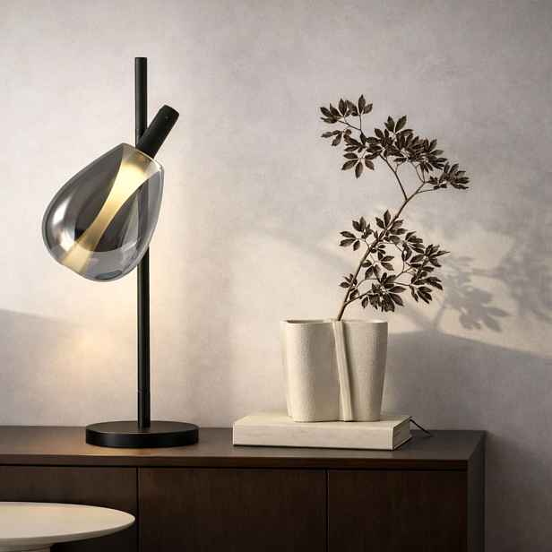 Lampka nocna Denso czarna szklana z kloszem dymionym minimalistyczna