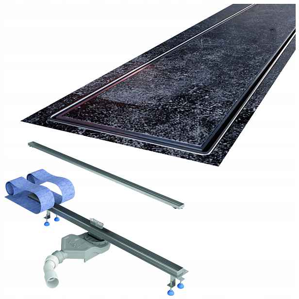 Lineární odtok 100 cm pod desku, ocelový sifon Viega, sada Waterway Slim