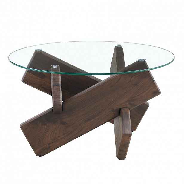 Modfu KONFERENČNÍ stolek z MDF a skla průměr 79x79x45 cm transparentní/ořech s křížovou podnoží a kulatou deskou