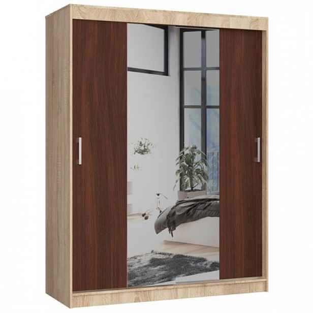 Šatní skříň posuvná 150cm CLP se zrcadlem dub sonoma/wenge