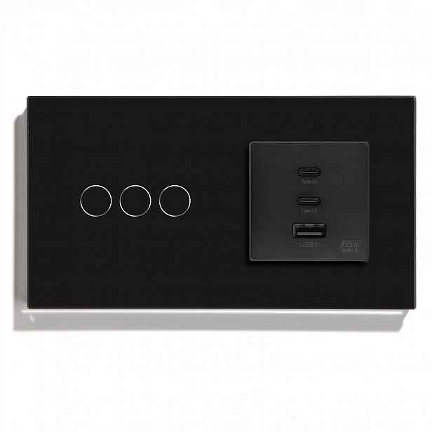 Dotykový Spínač Trojitý 3K S Usb Zásuvkou Qc Quick Charge 65W Skleněný
