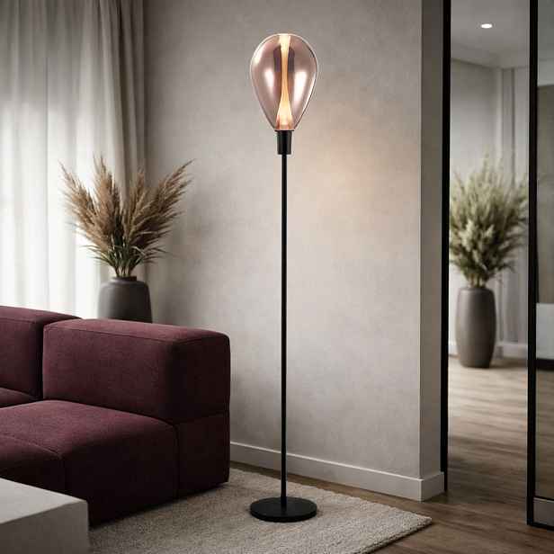 Lampa podłogowa Denso szklany klosz miedziany czarna metalowa do salonu