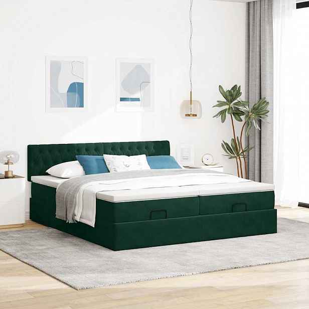 vidaXL Osmanský rám postele s matrací tmavě zelená 200x200cm samet