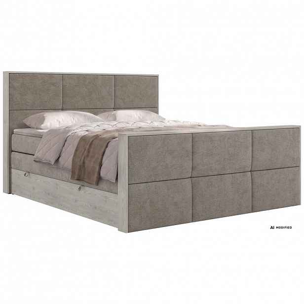 MKS POSTEL BOXSPRING DELNOR KING DUO 140/200 - Šedobéžová Strukturovaná látka - Topper T25 - H3