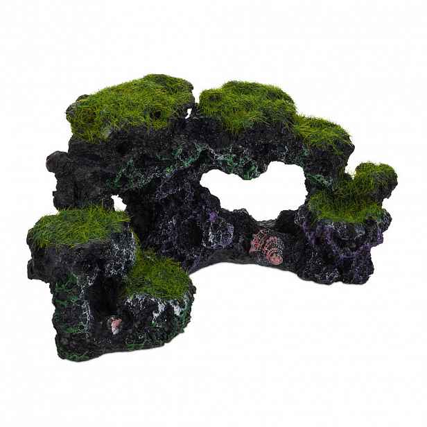 Relaxdays KÁMEN šedozelený akvarijní dekorace 3 otvory polyresin 17 cm