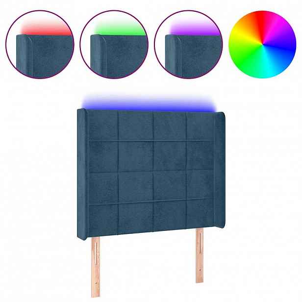 vidaXL Čelo postele s LED tmavě modré 83 x 16 x 118/128 cm samet