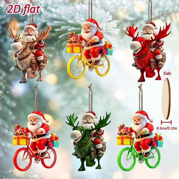 TEMU 2D Ploché, [2D Ploché] Sada 6ks/12ks Stylových Dřevěných Závěsných Ozdob Santa Claus, Sada Vánočních Závěsných Dekorací, 2D Ploché Dřevěné