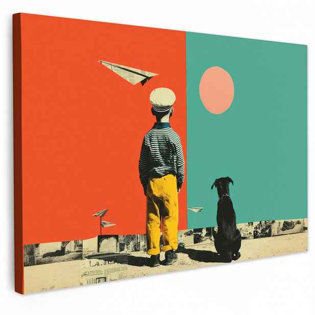 MuchoWow OBRAZ NA PLÁTNĚ Retro - Chlapec - Pes - Červená - Zelená 60x40 cm
