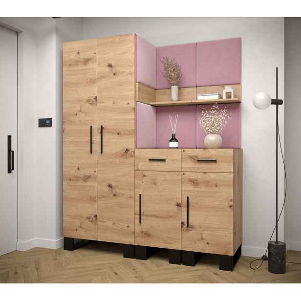 Předsíňová sestava RUMIE 7 - dub artisan, růžové panely