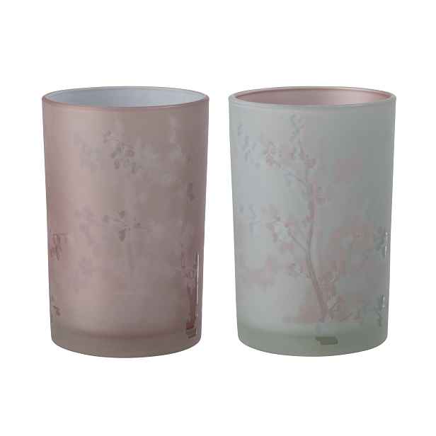 2ks růžový a modrý skleněný svícen na čajovou svíčku Sakura - Ø 12*17cm J-Line by Jolipa