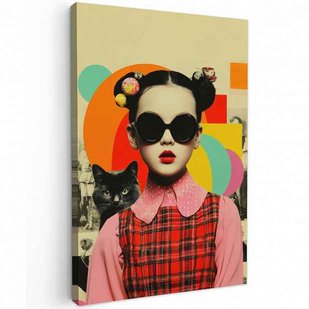 MuchoWow OBRAZ NA PLÁTNĚ Dívka - Sluneční brýle - Kočka - Retro 60x90 cm