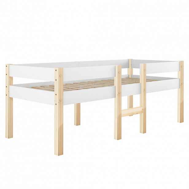 Modfu DĚTSKÁ vyvýšená postel z masivní borovice a MDF 90x200 cm bílá se zábranou, žebříkem a úložným prostorem