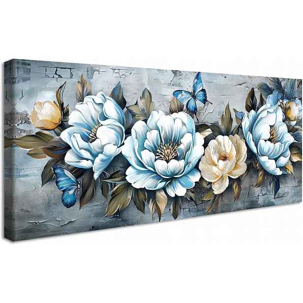 Obraz na plátně 50×120 cm modré květy pivoňky a motýli, dřevěný rám
