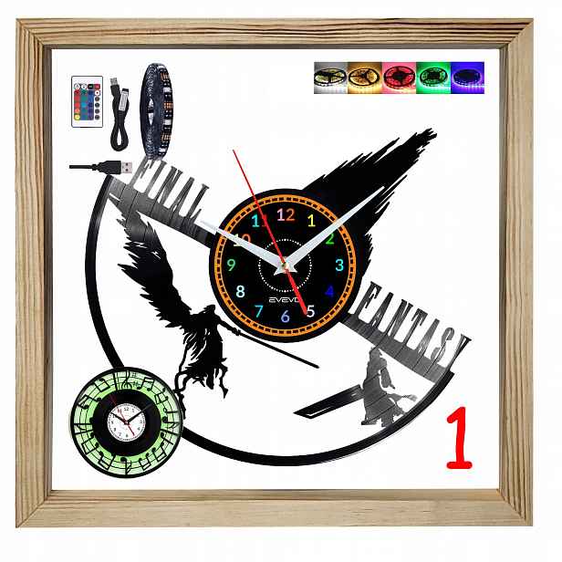Nástěnné hodiny Final Fantasy Dřevěný rám 35x35cm Rgb Led svítící