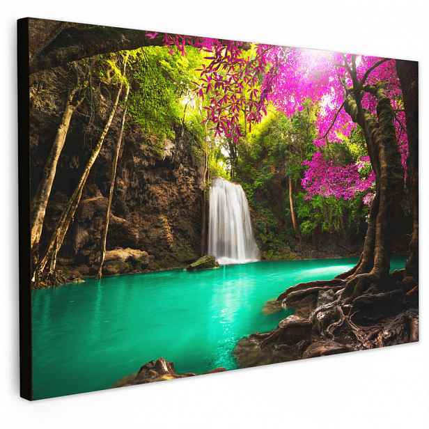 MuchoWow OBRAZ NA PLÁTNĚ Vodopád s barevnými květy a stromy - Příroda - Džungle 30x20 cm
